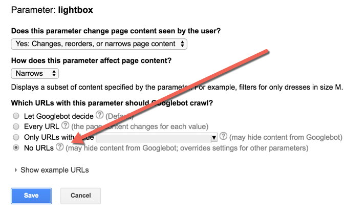 Setting NoURLs in GSC URL Parameters