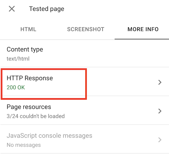 More Info Tab of View Tested Page shows 200 HTTP Response
